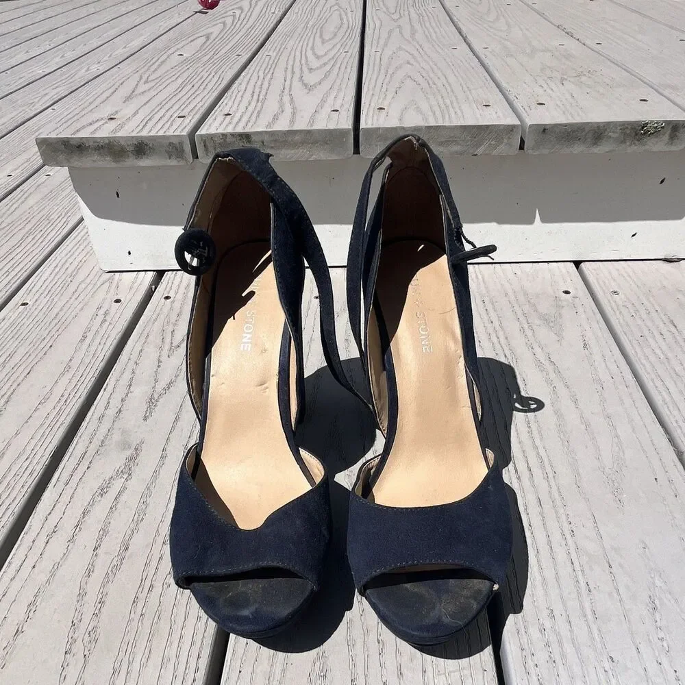 Sun + Stone Women’s Blue Suede Open Toe Strappy Ankle Strap Block Heels